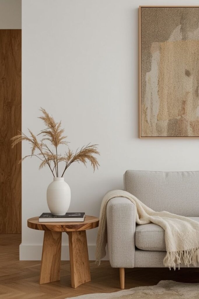 warm minimalist living room Homes and Gardens accessories